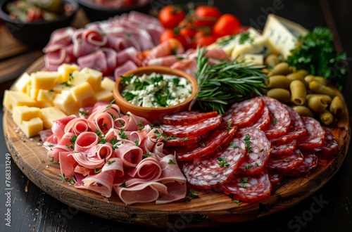Gourmet charcuterie board filled with a variety of meats, cheeses, and accompaniments