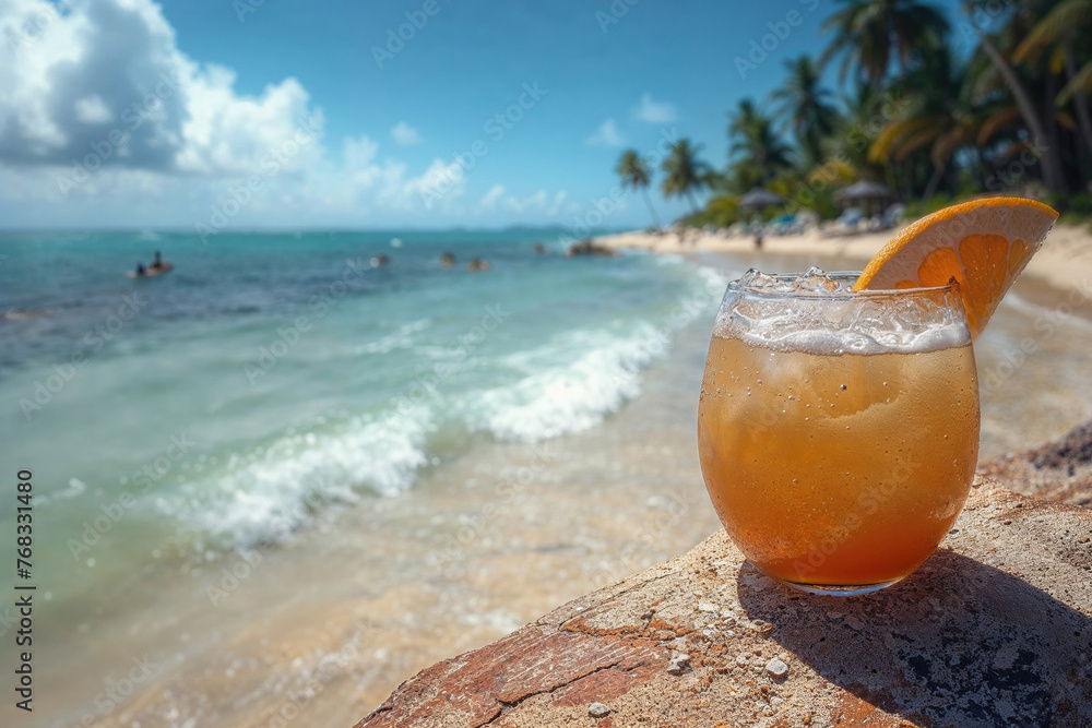 Refreshing beachside cocktail on a sunny day. Generative AI image