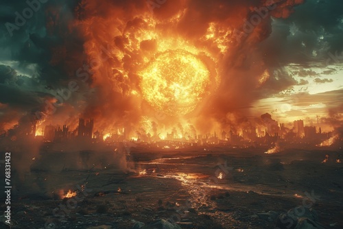 A cataclysmic explosion over a decimated cityscape creating a dramatic apocalyptic scene with orange fiery skies photo