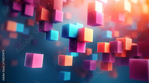 Abstract colorful floating cube in motion, blockchain cube