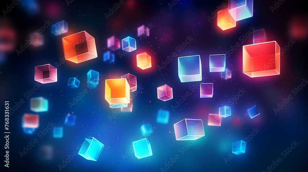 Abstract colorful floating cube in motion, blockchain cube Abstract colorful floating cube in motion, blockchain cube