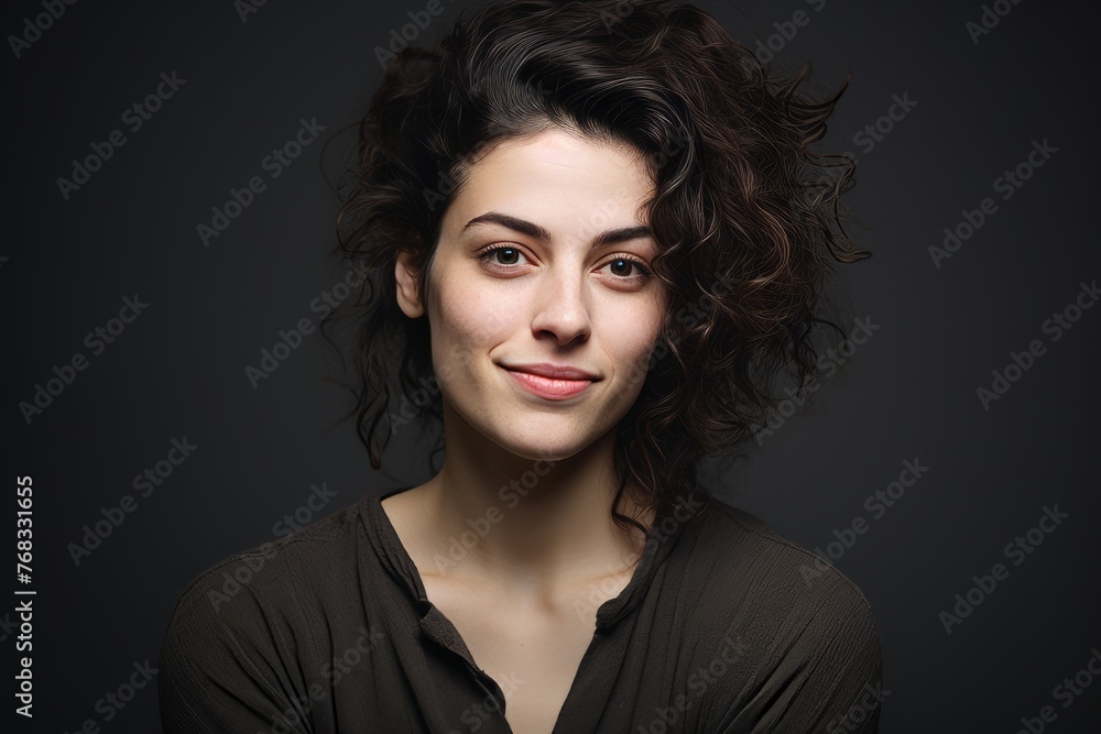 Portrait of a beautiful young woman with curly hair on a dark background
