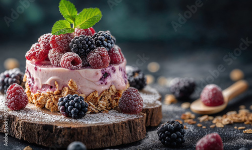 Summery berry cheesecake on rustic wooden base. Generative AI image photo