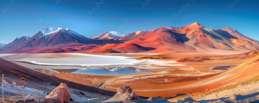 Panorama of the salty lake with dry desert and cracked soil around - obrazy, fototapety, plakaty 