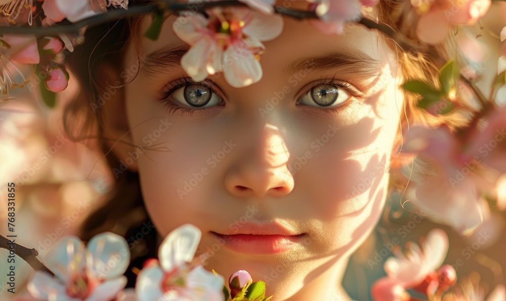 A cute child girl surrounded by spring flowers