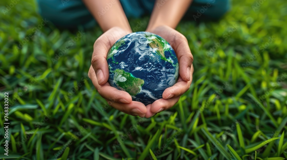 Protecting Our Planet: Hands Holding Earth on Green Grass Background for Environmental Concept Protecting Our Planet: Hands Holding Earth on Green Grass Background for Environmental Concept