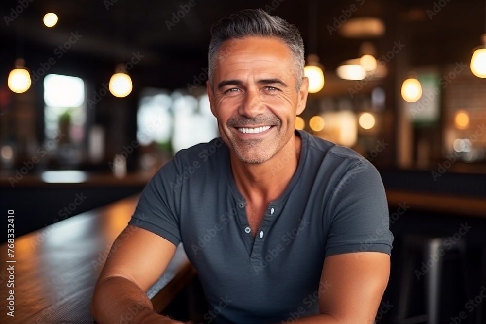 Portrait of a handsome mature man sitting in a pub, smiling. Portrait of a handsome mature man sitting in a pub, smiling.