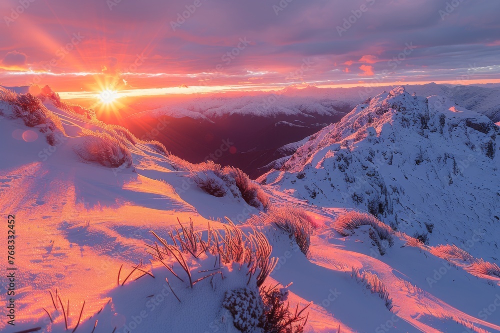 Winter mountains landscape at sunrise - obrazy, fototapety, plakaty 