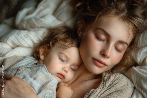 The woman cradles the sleeping baby in her arms, feeling the warmth of its cheek against her nose. She gently strokes the babys forehead and jaw, marveling at the peaceful expression on its face