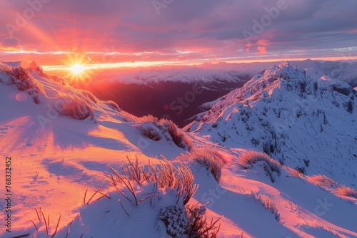 Winter mountains landscape at sunrise photo