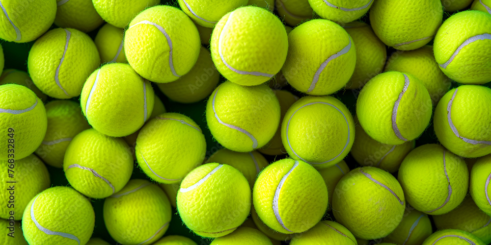 Group of many tennis balls sphere, sport object concept Pile of Tennis Balls from a hopper pattern of new tennis balls for background. Lots of vibrant tennis balls. - obrazy, fototapety, plakaty 