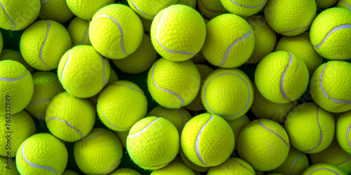 Group of many tennis balls sphere, sport object concept Pile of Tennis Balls from a hopper pattern of new tennis balls for background. Lots of vibrant tennis balls.