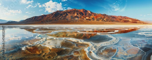 Panorama of the salty lake with dry desert and cracked soil around