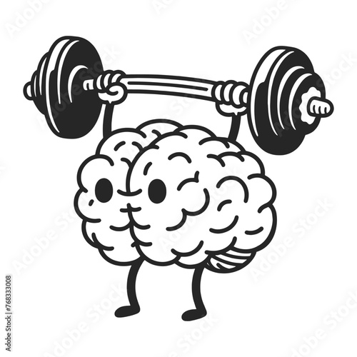 human brain character lifting heavy dumbbell, symbolizing mental strength and brain training sketch engraving generative ai vector illustration. Scratch board imitation. Black and white image.