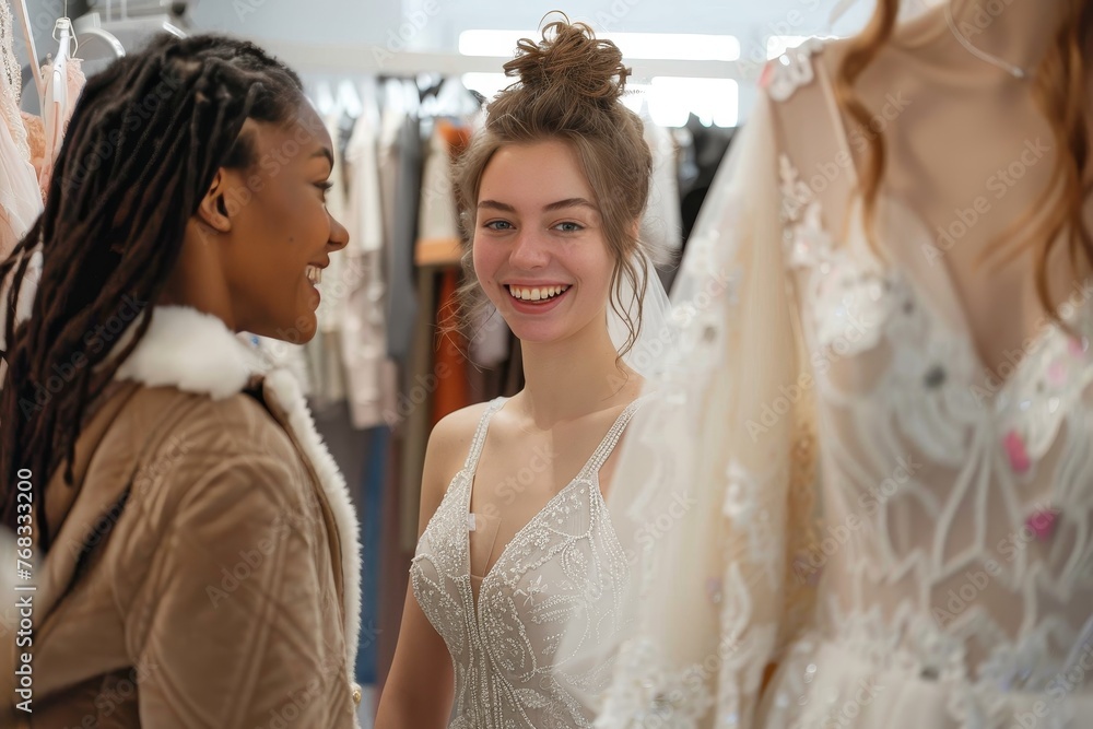 Naklejka premium Bride in an ornate wedding gown smiles at a friend in a cozy bridal shop filled with dresses