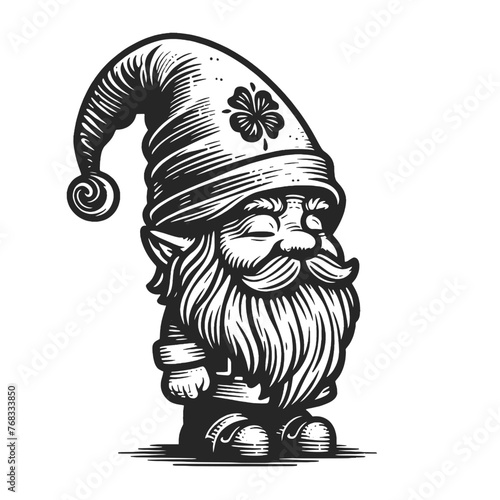 cheerful garden gnome with a tall hat and a long, bushy beard sketch engraving generative ai fictional character vector illustration. Scratch board imitation. Black and white image.