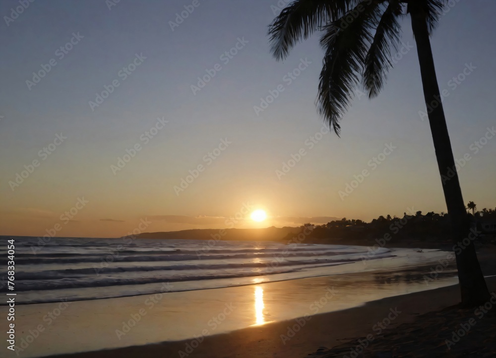 Sunset on the beach with palm trees, tropical