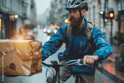 A determined delivery man cycling through urban streets with a package, embodying efficiency and city life