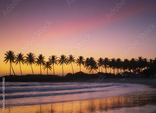 Sunset on the beach with palm trees, tropical