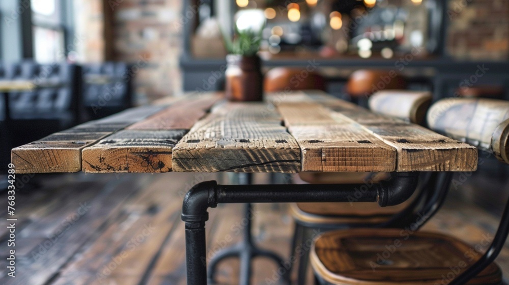 Industrial-chic table top made from repurposed materials like pallet wood and metal pipes, showcasing urban style. - obrazy, fototapety, plakaty 