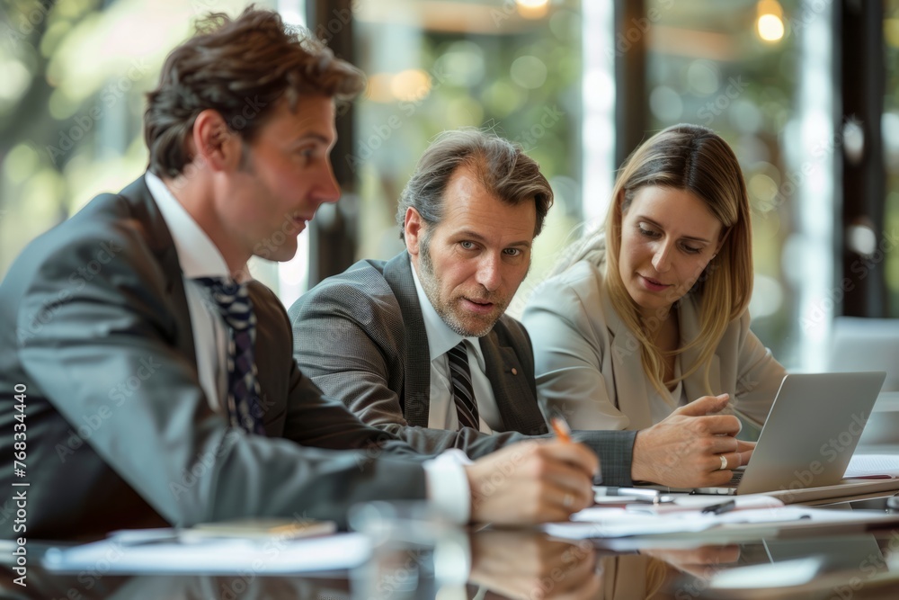 Bosses and managers discuss work plans, strategies, and sales reports at a conference table. Team strategic cooperation Bosses and managers discuss work plans, strategies, and sales reports at a conference table. Team strategic cooperation