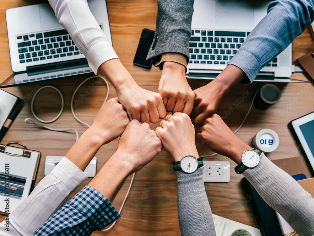 Top view of seven people joining their fists in the center, celebrating victory. Office workers putting their fists together to symbolize teamwork