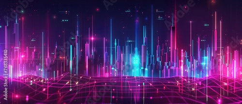 Neon audio voice frequency wave and abstract sound light vector background. Radio pulse effect curve design. Volume music track line vibrant motion illustration. Electronic record led graph chart