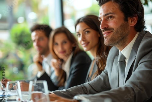 Bosses and managers discuss work plans  strategies  and sales reports at a conference table. Team strategic cooperation