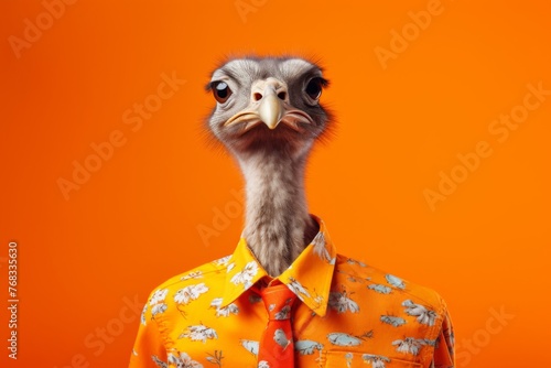 a ostrich in an orange shirt as a hippie