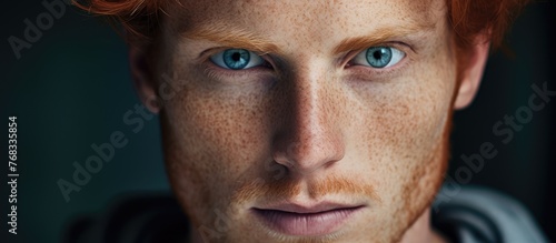 The image features a detailed view of a man's face showcasing prominent freckles scattered across his skin.