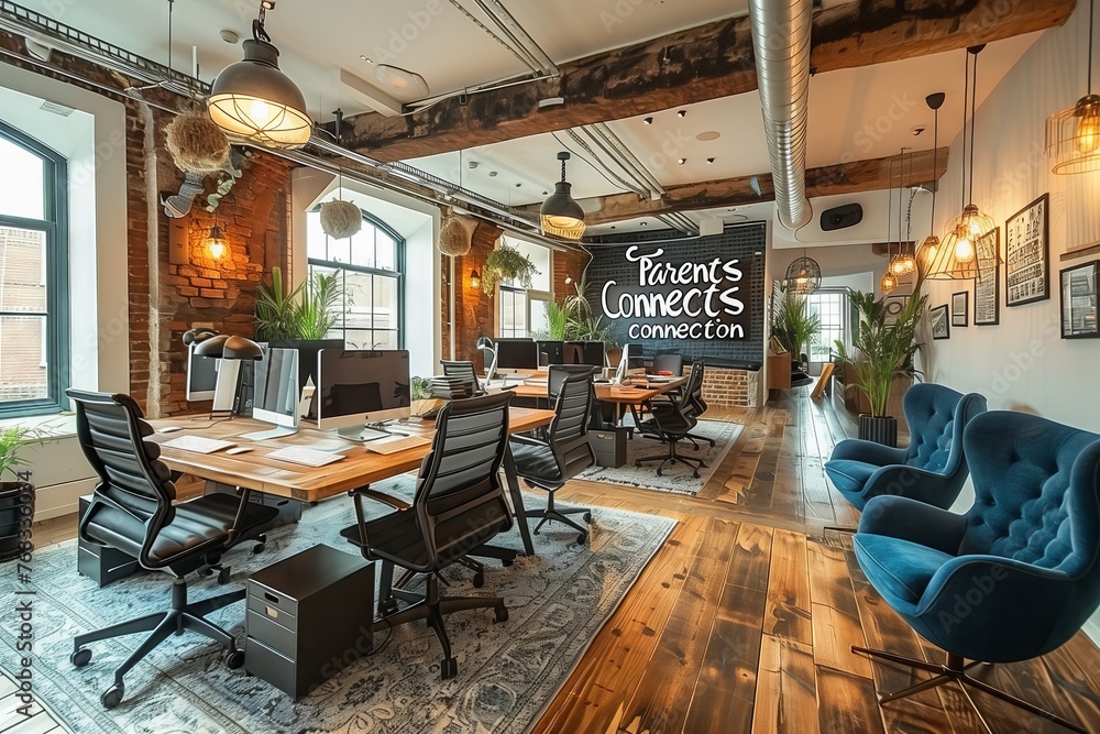 A spacious open office with modern furniture, large windows providing natural lighting, and art on the walls. The interior design features wood chairs and tables, creating a welcoming atmosphere
