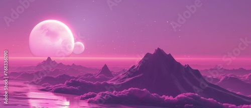 Purple, pink planet synthwave landscape. 3d render, 4k wallpaper. Retro futuristic vaportwave galaxy.