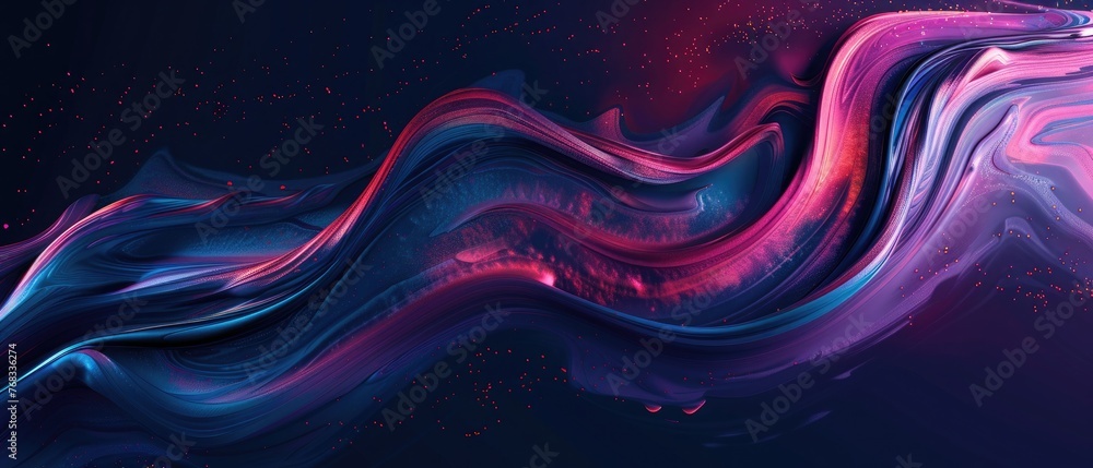 Spilled oil paint shimmers on a black background. Abstract geometric illustration of doodle waves with a felt-tip pen with a gradient on a dark background. Creative cover, wallpaper, flyer design. - obrazy, fototapety, plakaty 