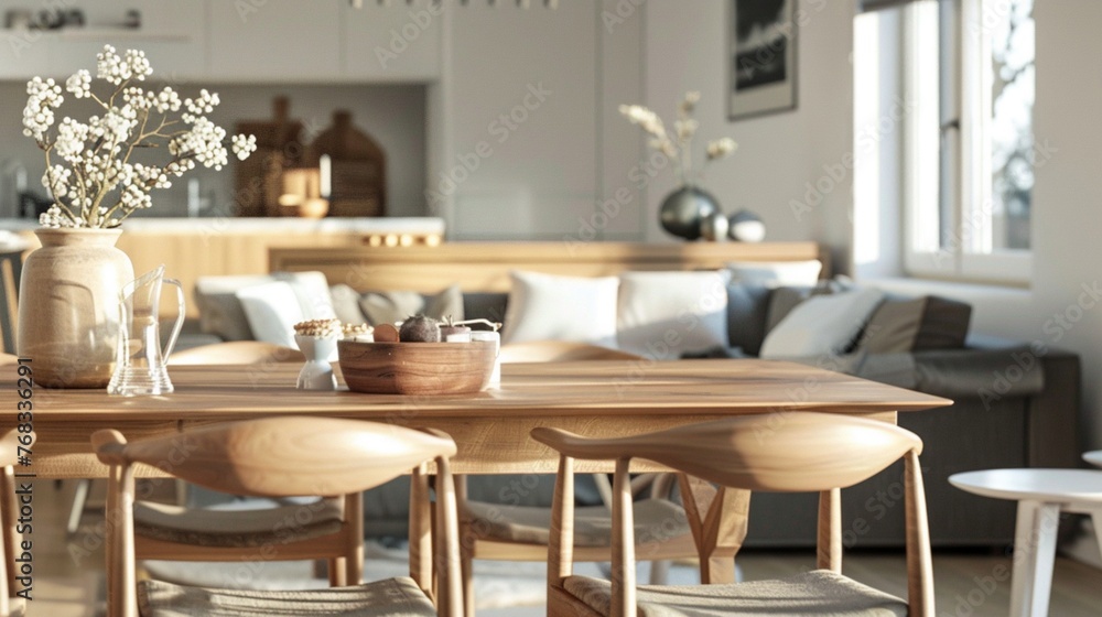 Scandinavian-style table top featuring clean lines and natural wood texture, creating a cozy and inviting atmosphere.