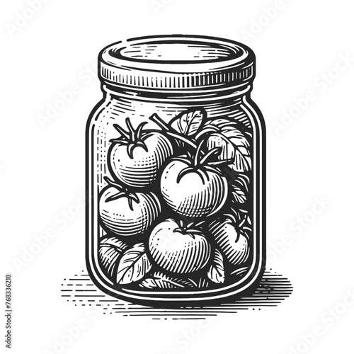 Canned tomatoes mason jar filled with ripe tomatoes and leaves sketch engraving generative ai fictional character vector illustration. Scratch board imitation. Black and white image.