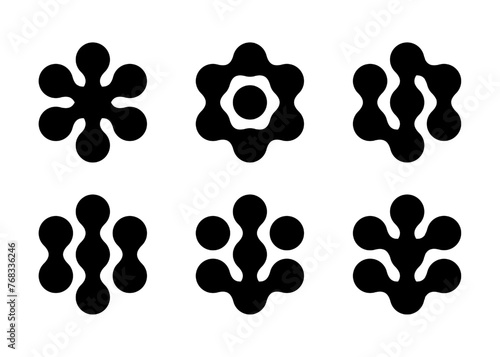 Circle metaball connect into organic cell shape of snowflake, star, sun and molecule. Blob technology logo icon. Arrow atom round grid network template.