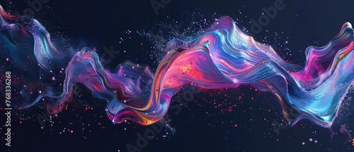 Spilled oil paint shimmers on a black background. Abstract geometric illustration of doodle waves with a felt-tip pen with a gradient on a dark background. Creative cover, wallpaper, flyer design. photo