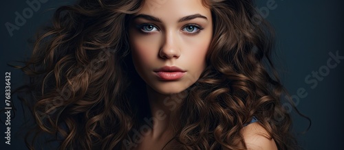 Close-up portrait of a lady showcasing her beautiful long brown hair and captivating blue eyes