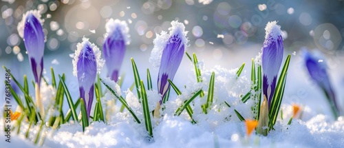 tender buds of beautiful crocuses are covered with snow