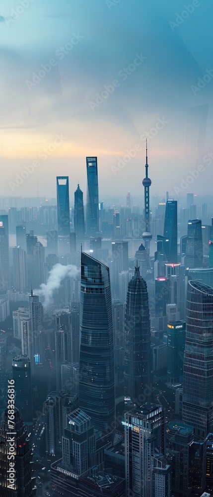 Naklejka premium Urban skyline masked by PM 25, spotlighting urgent tech innovations and streamer awareness