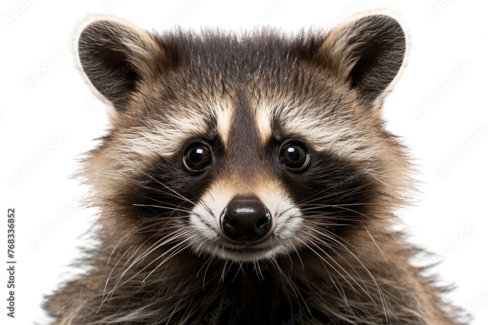 Close up face of a raccoon, front view isolated on white background