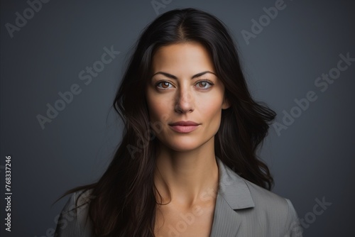 Portrait of a beautiful business woman looking at camera over grey background