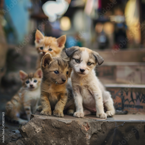 Adorable Puppies and Kittens in Urban Setting