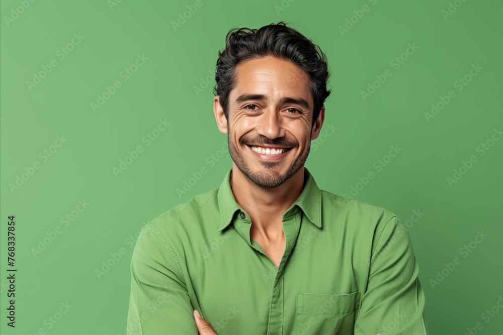Portrait of handsome young man smiling and looking at camera against green background Portrait of handsome young man smiling and looking at camera against green background