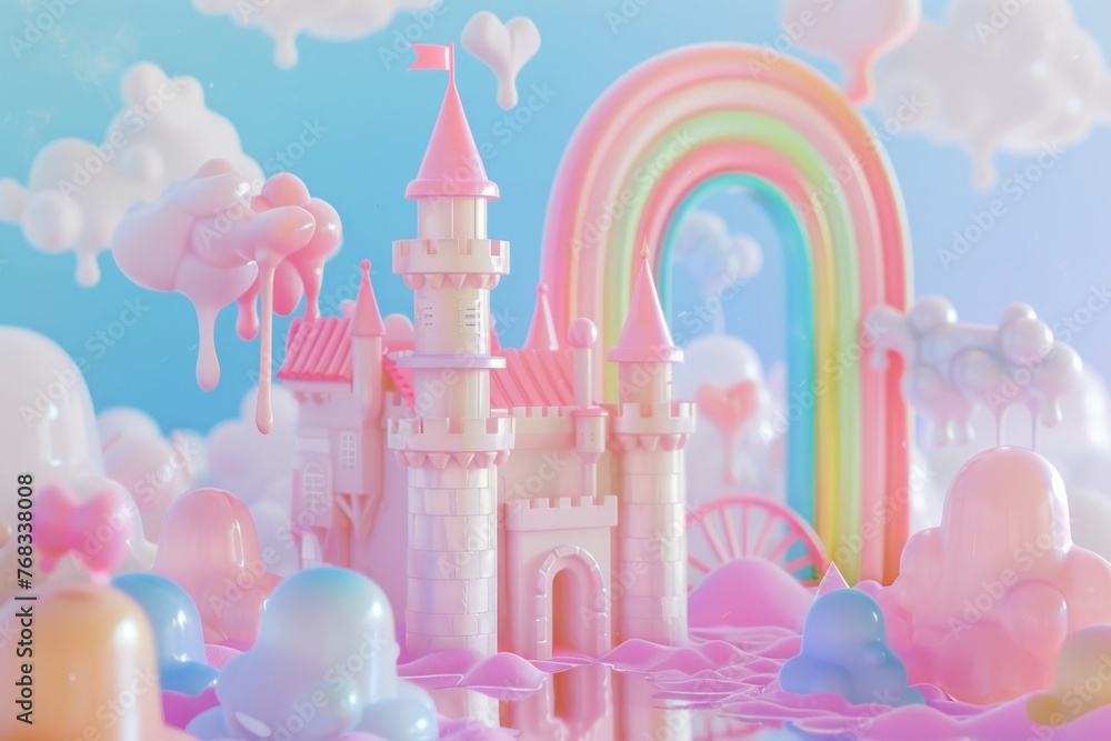The imagination reigns supreme, as a princess's castle kingdom, adorned in white and pink with a rainbow arching overhead, faces a threat against its dreamlike environment. The imagination reigns supreme, as a princess's castle kingdom, adorned in white and pink with a rainbow arching overhead, faces a threat against its dreamlike environment.
