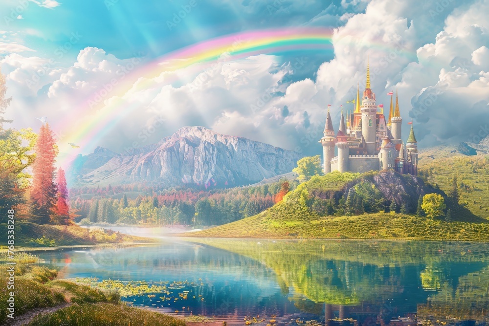 The imagination reigns supreme, as a princess's castle kingdom, adorned in white and pink with a rainbow arching overhead, faces a threat against its dreamlike environment.