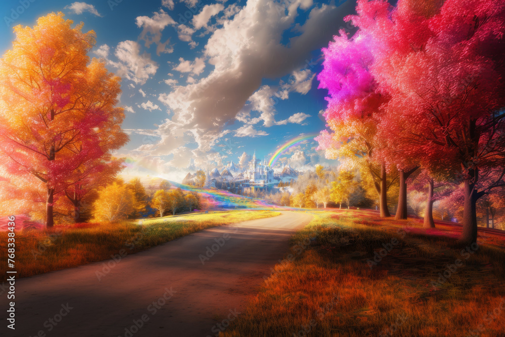 Fototapeta premium The imagination reigns supreme, as a princess's castle kingdom, adorned in white and pink with a rainbow arching overhead, faces a threat against its dreamlike environment.