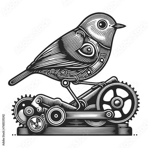 Intricate mechanical bird illustration in a black and white engraving style sketch engraving generative ai fictional character vector illustration. Scratch board imitation. Black and white image.