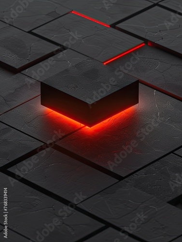Minimalist black isometric design of an illuminated red block on top of a dark grey surface. Generative AI