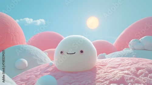 An adorable smiling creature sits atop textured pastel hills under a soft blue sky with a gentle sun glowing in the background.